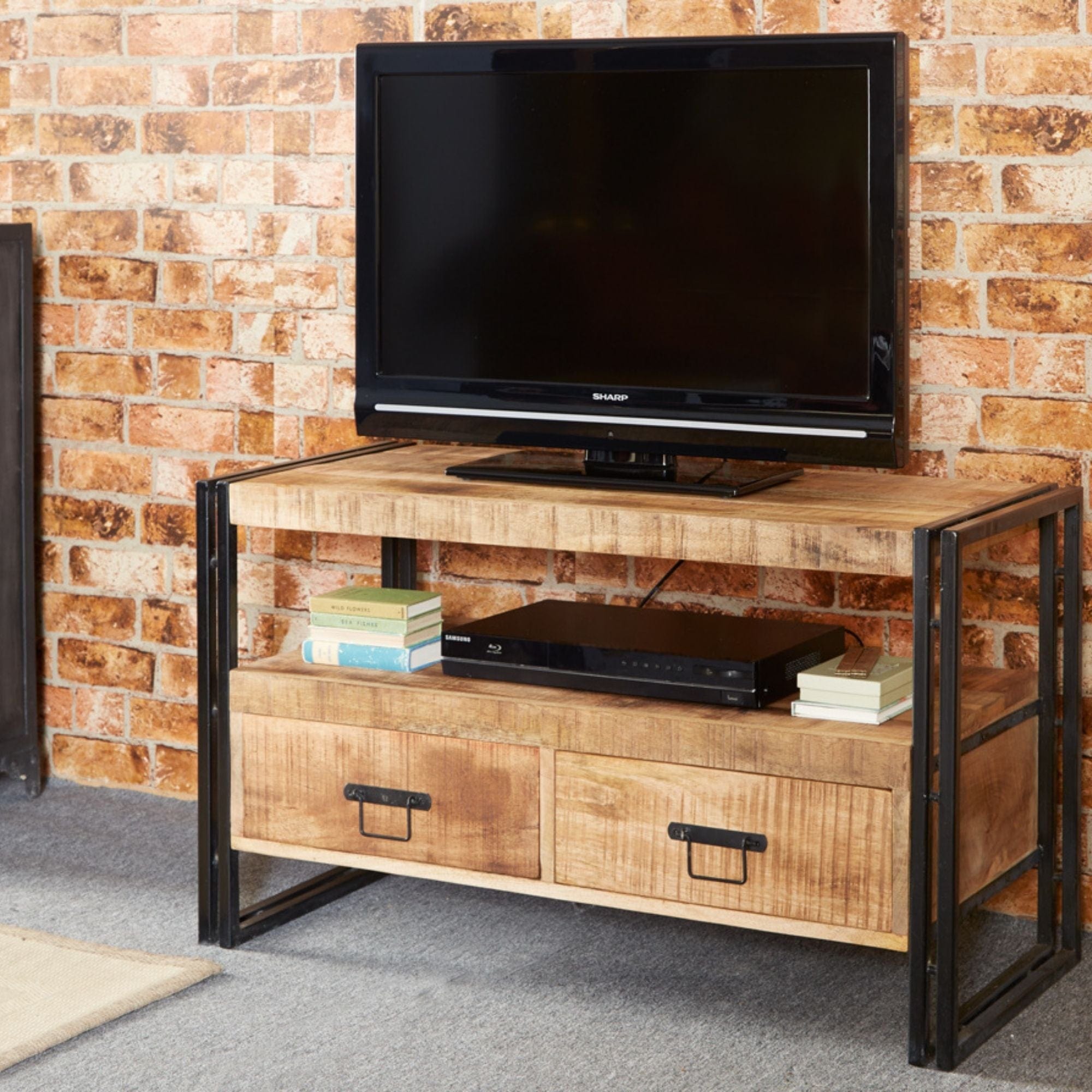 Loft small handmade industrial vintage style wooden TV stand with 2 drawers | malletandplane.com