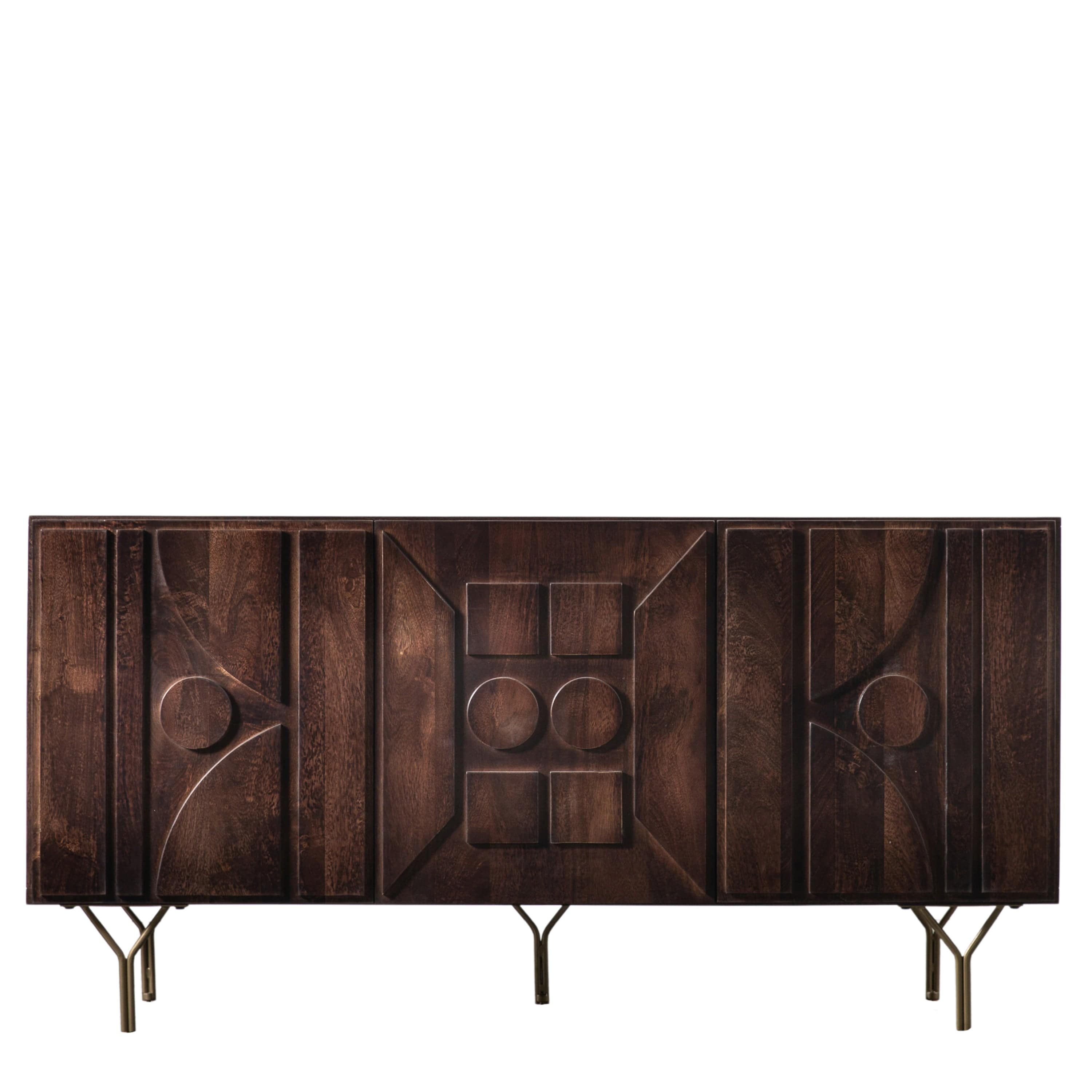 Miso 3 door solid mango wood sideboard with geometric relief pattern and metal legs | MalletandPlane.com