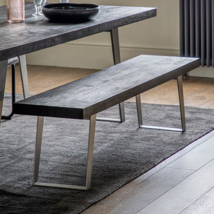 Pimlico Dining Bench in black stained solid acacia with silver metal angular legs | MalletandPlane.com