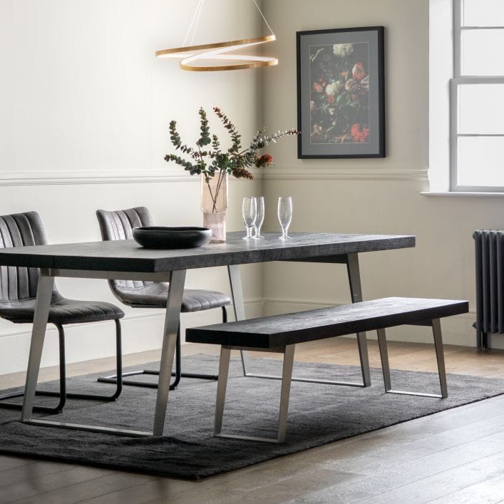 Pimlico Dining Table in Black Stained Solid Acacia with Silver Metal Angular Legs | MalletandPlane.com