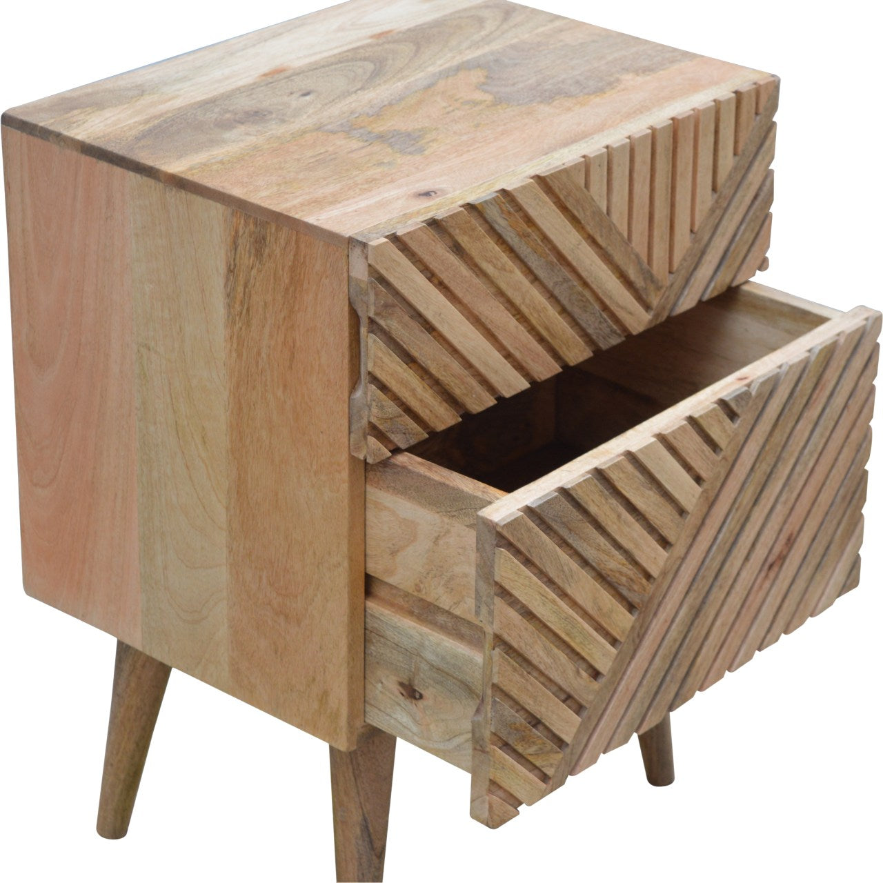 Burcote 2 drawer carved solid wood bedside table | malletandplane.com