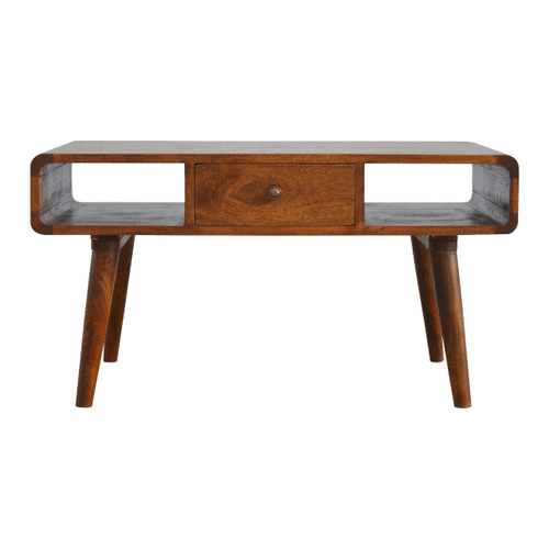 CENTURY Wood Coffee Table in deep chestnut finish with drawers and open storage slots | malletandplane.com